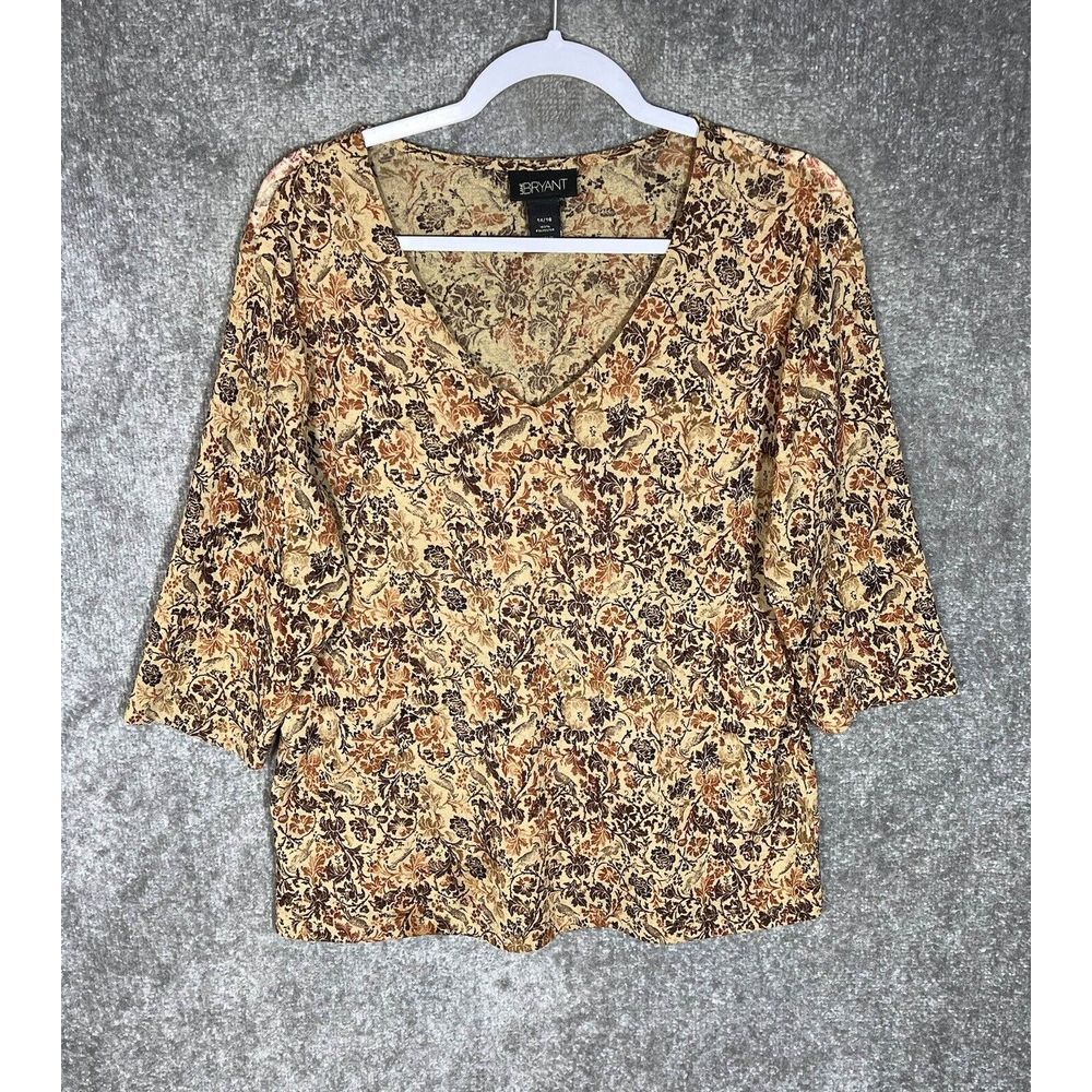 Lane Bryant Top Womens Sz 14/16 Brown Floral Bird V-Neck 3/4‎ Sleeve Vintage USA